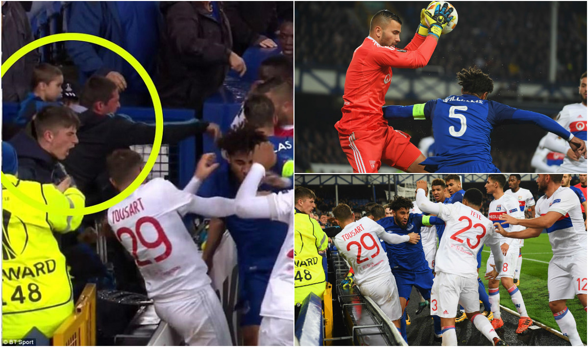 CHÙM ẢNH: Mặc kệ em bé trên tay, CĐV Everton vẫn lao vào đánh túi bụi cầu thủ Lyon