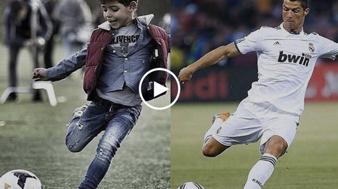VIDEO: Cậu cả nhà Ronaldo lại gây sốt khi sút phạt giống ông bố từ dáng đứng cho đến cách bóng bay vào lưới
