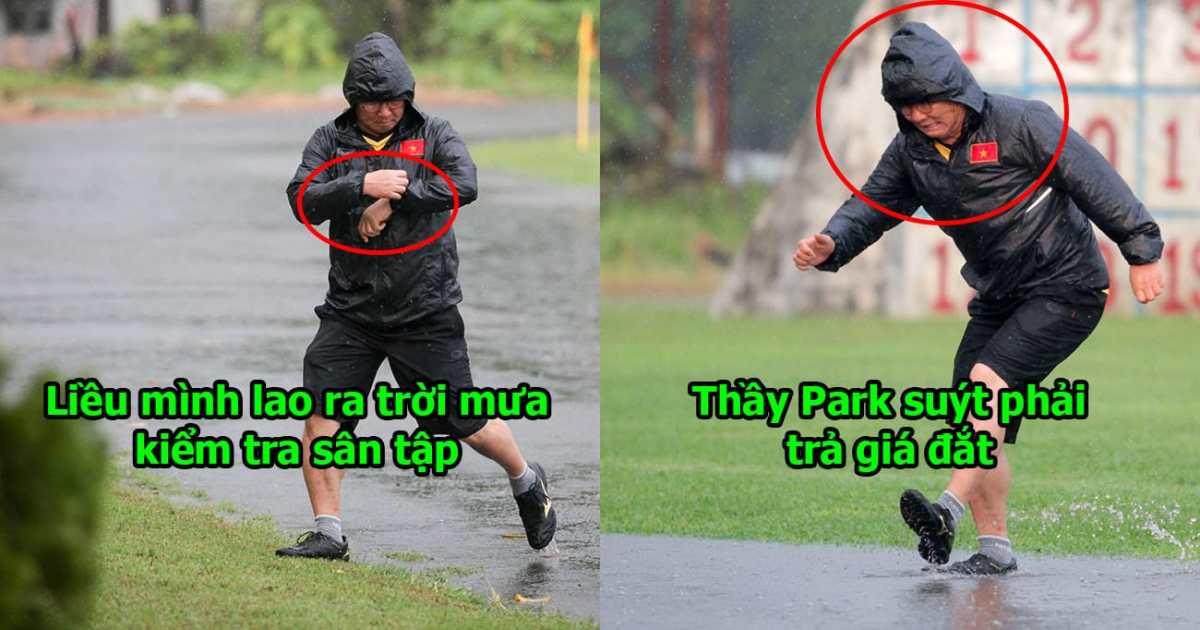 Cảm động hình ảnh thầy Park suýt ngã khi lao ra ngoài trời mưa tầm tã kiểm tra sân tập cho ĐT Việt Nam