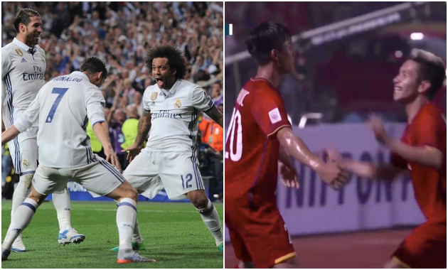 Xé lưới Campuchia, Văn Đức tái hiện hình ảnh ăn mừng của siêu sao Ronaldo khiến fan “bấn loạn”