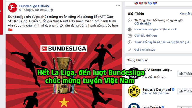 Sau La Liga, đến lượt Bundesliga gửi lời chúc mừng cho tuyển Việt Nam
